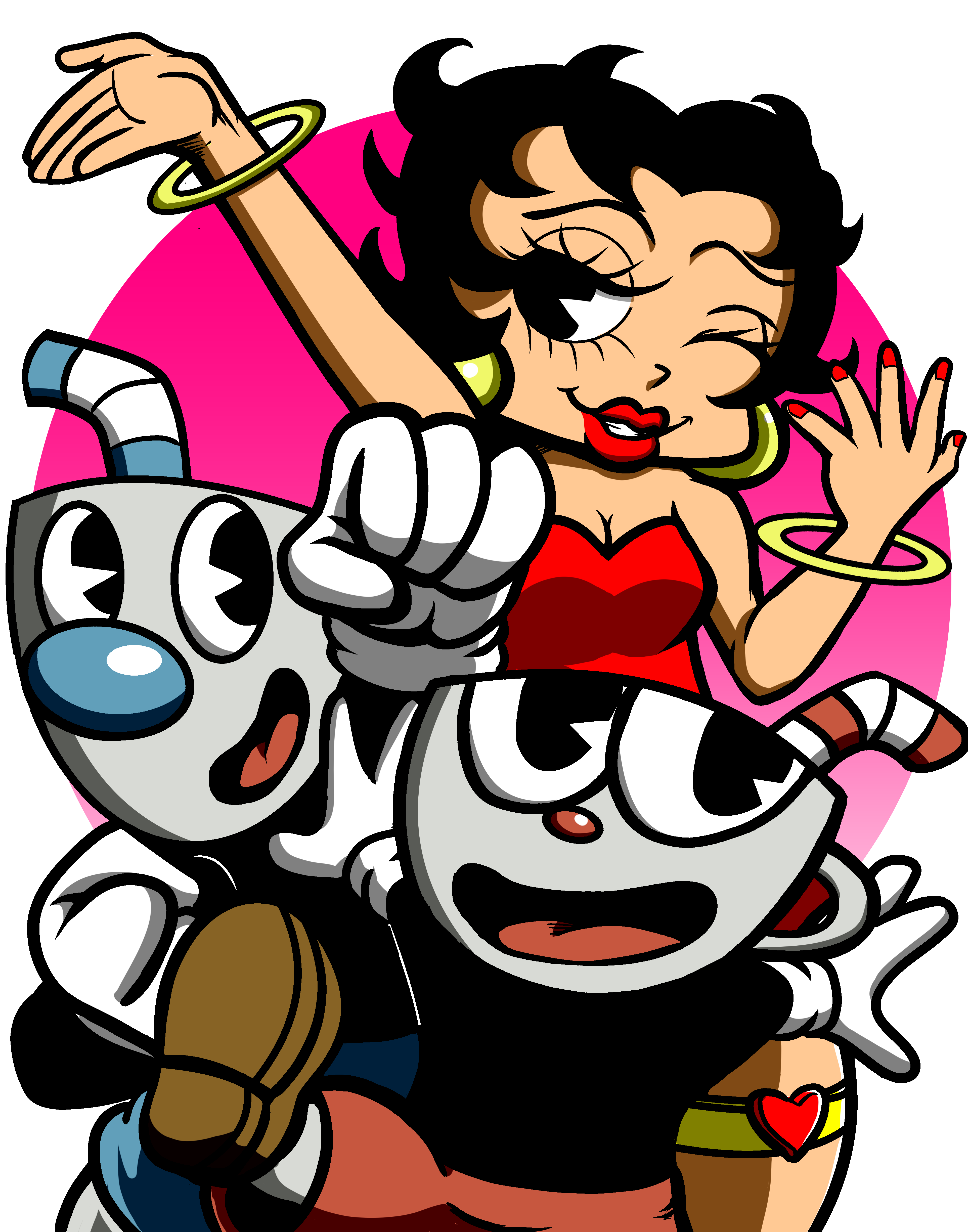Cartoon woman with black hair, red dress, winking, surrounded by two animated teacups with expressive faces, pink background.