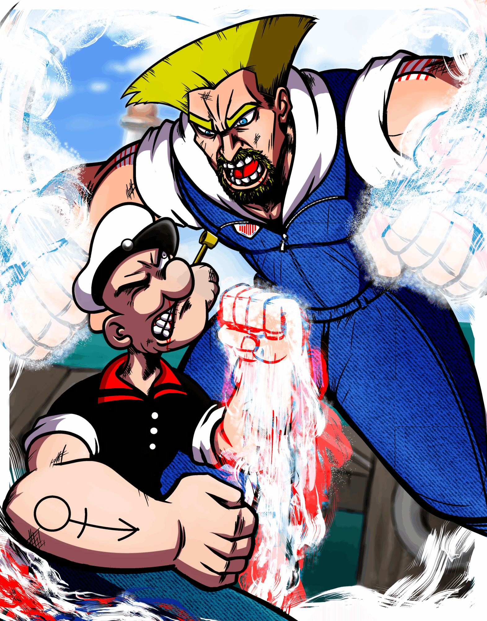 Mario and a large, angry man with blond hair fighting, with water splashing around them.
