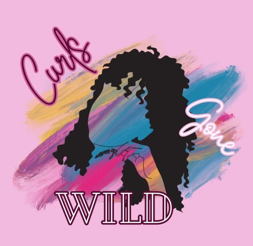 Silhouette of a person with curly hair, surrounded by colorful brush strokes, with the words 'Curls', 'Love', and 'WILD'.