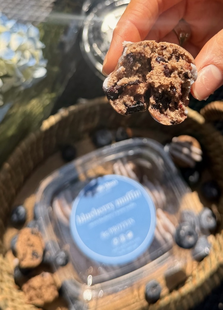 Hand holding a partially eaten chocolate chip cookie with blueberries in the background.