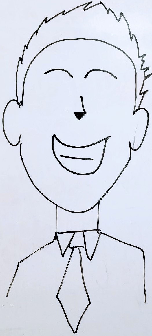 Simple line drawing of a smiling person with short hair, wearing a collared shirt and tie.