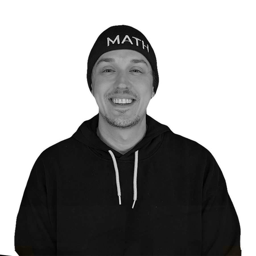 Smiling person wearing a beanie with 'MATH' and a hoodie, facing forward, in black and white.