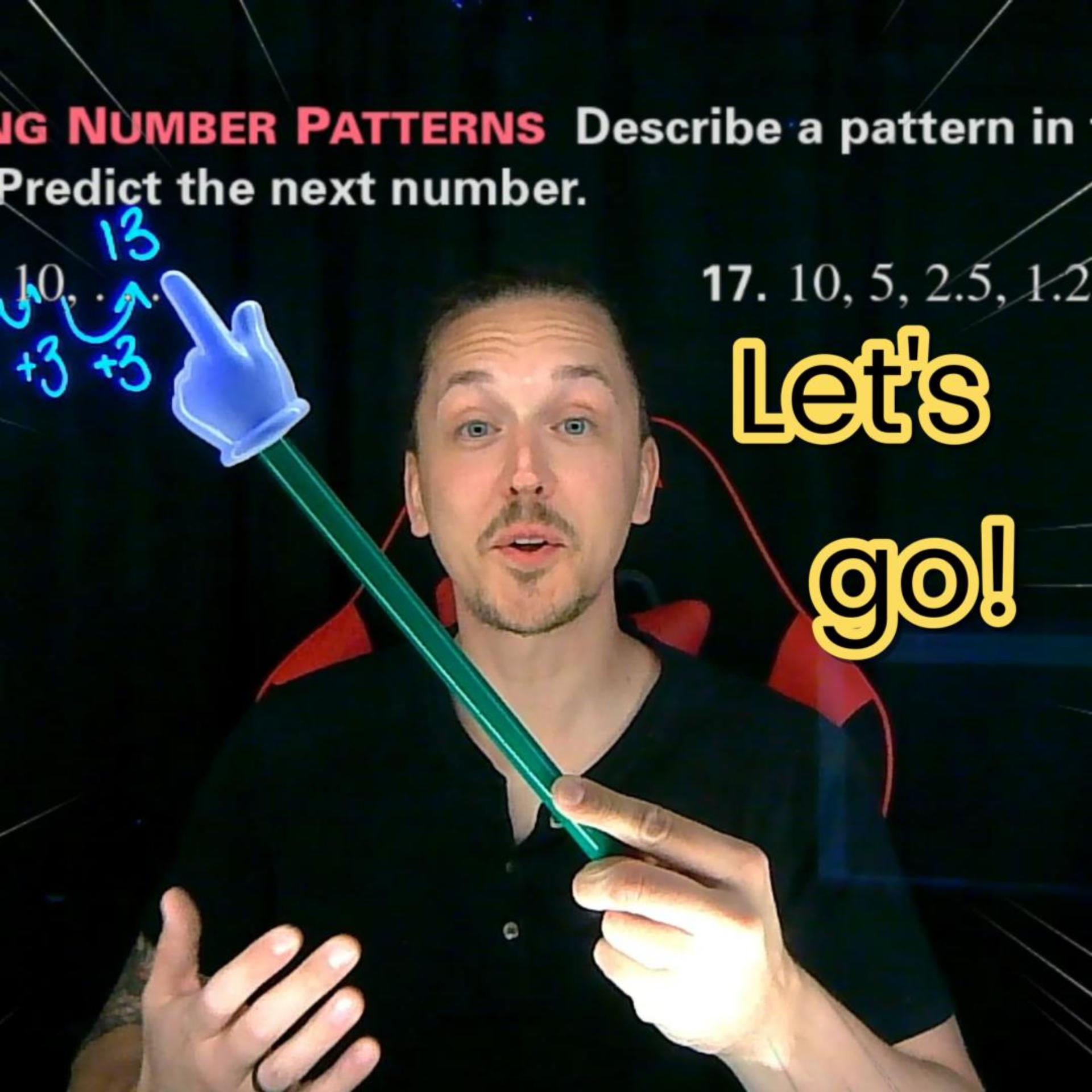 Man holding a green pointer with numbers and text on a black background, gesturing with his left hand, with text 'Let's go!'.