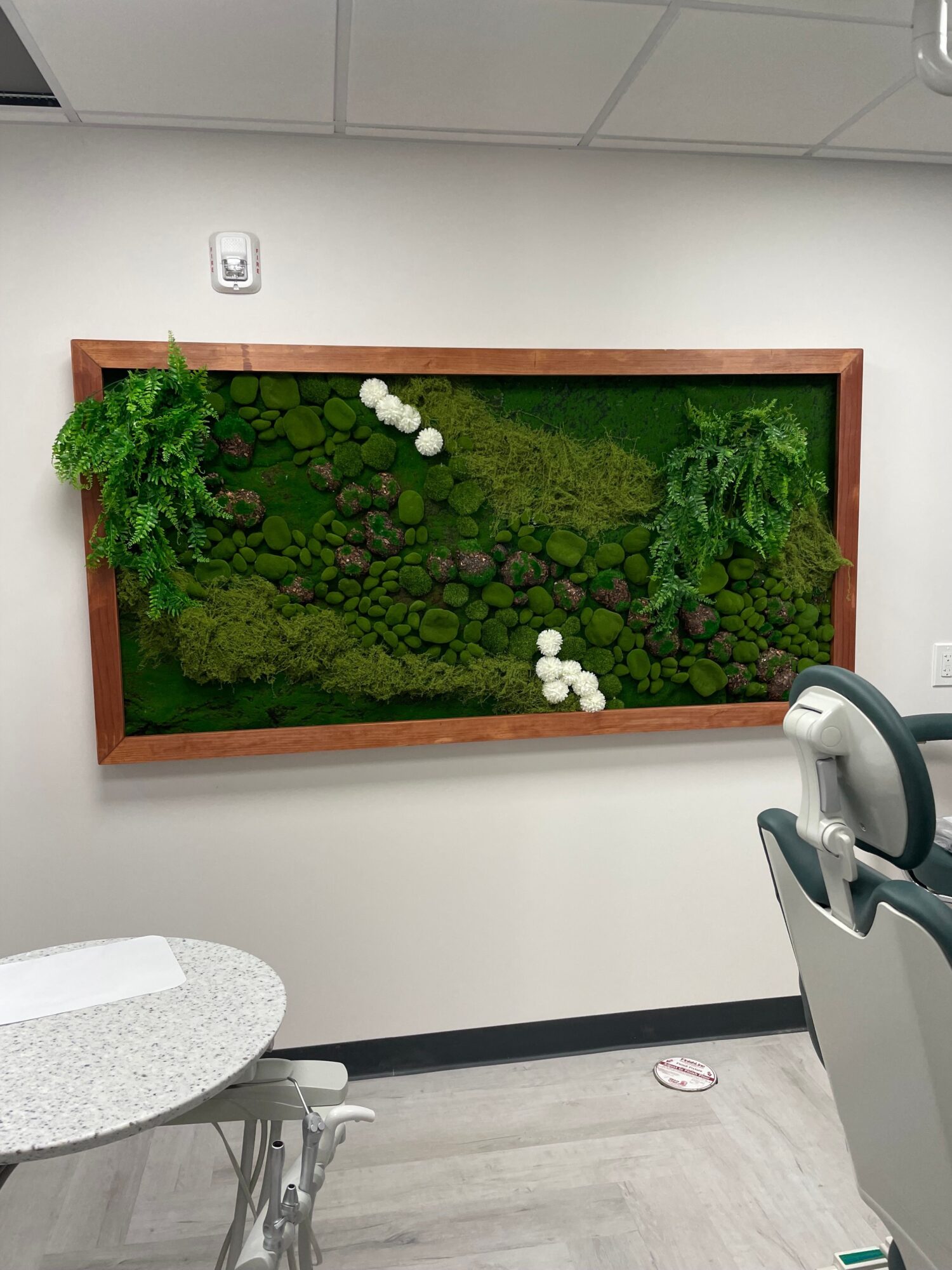 Vertical green wall with various plants and white decorative balls, framed in wood, in a room with white walls and gray flooring.