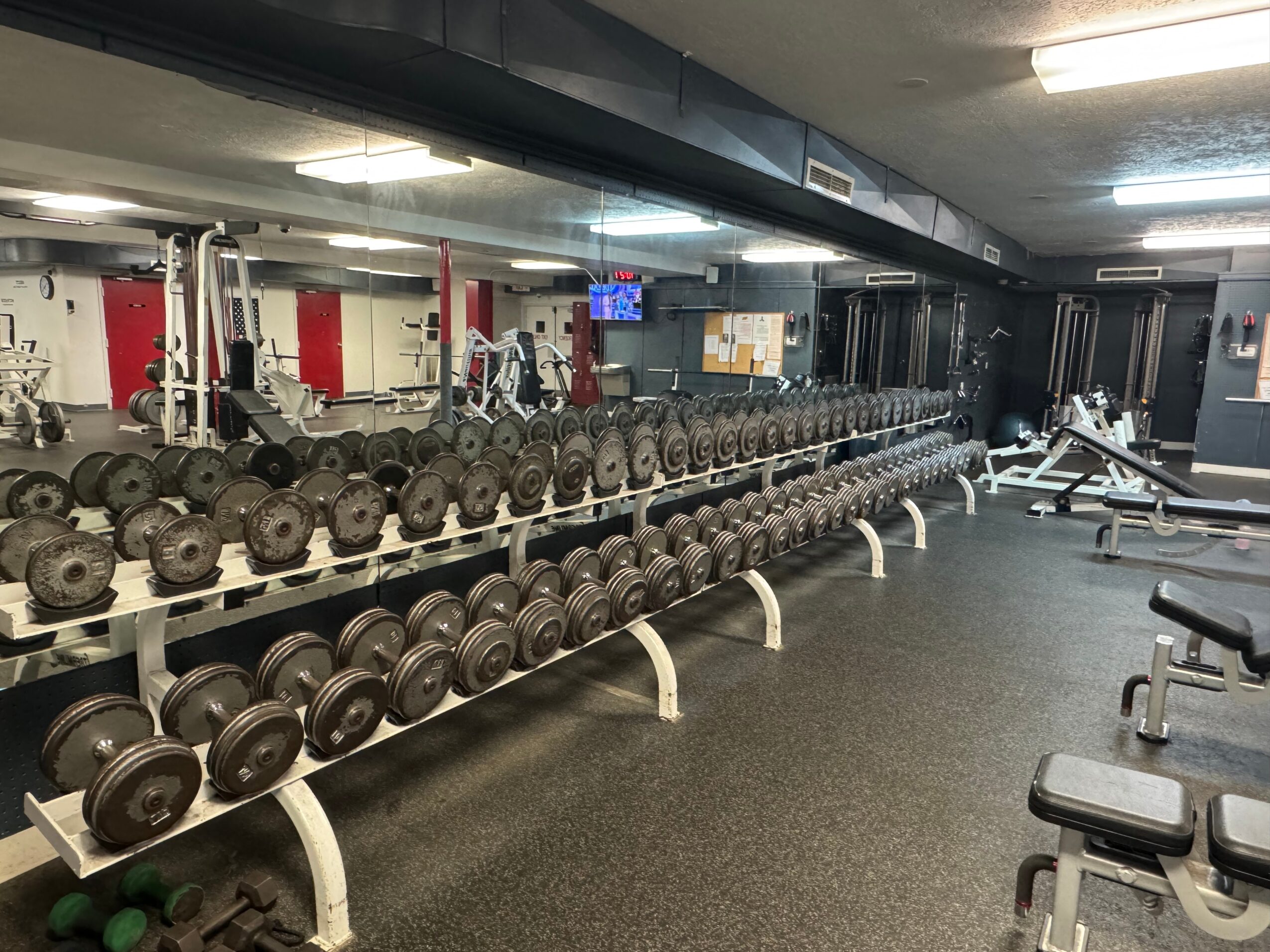 Empty gym with rows of dumbbells on racks and exercise equipment in the background, well-lit and spacious.