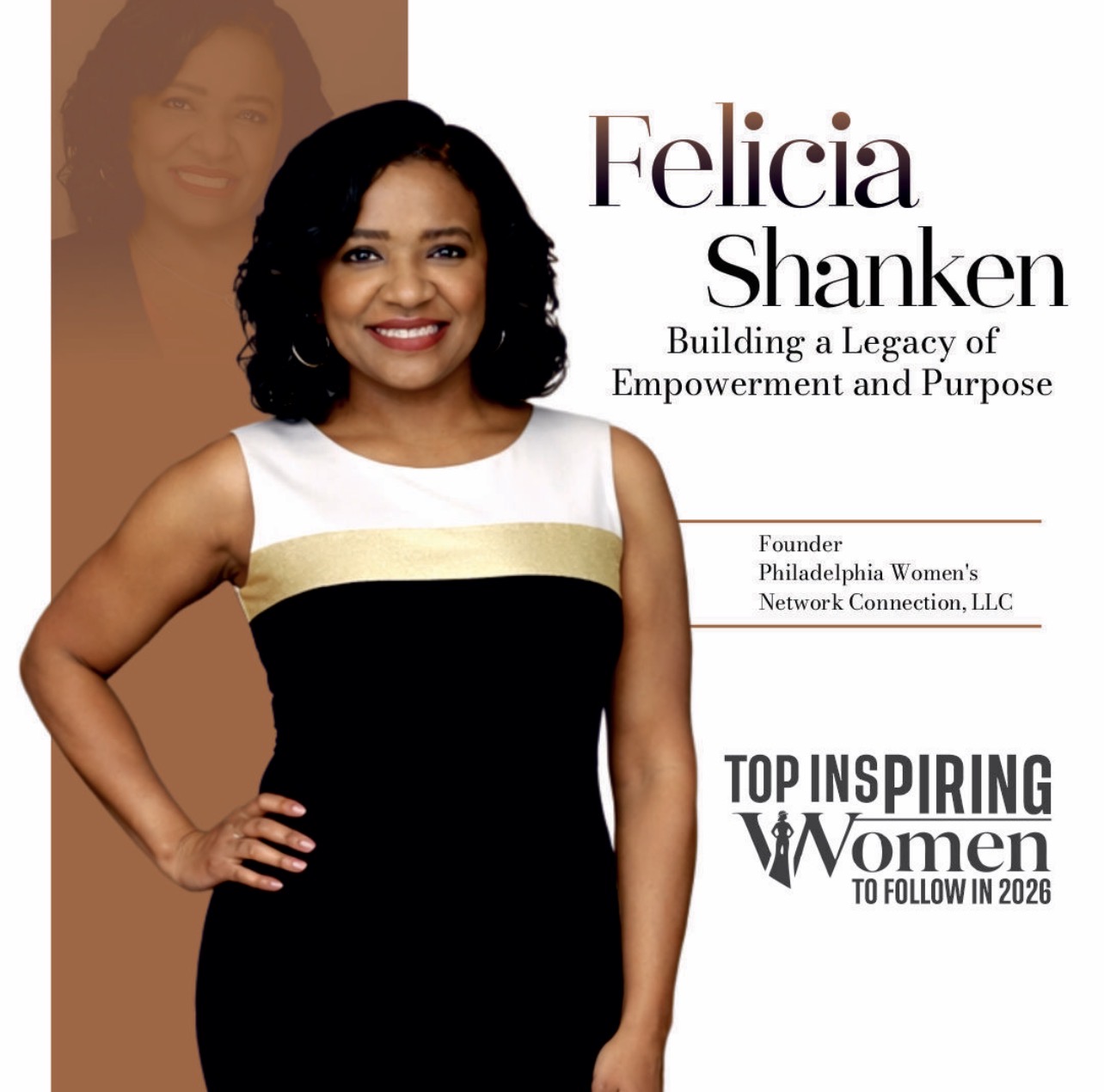 Woman smiling, wearing a black and white dress, standing with hand on hip, text about Felicia Shanken and inspiring women.