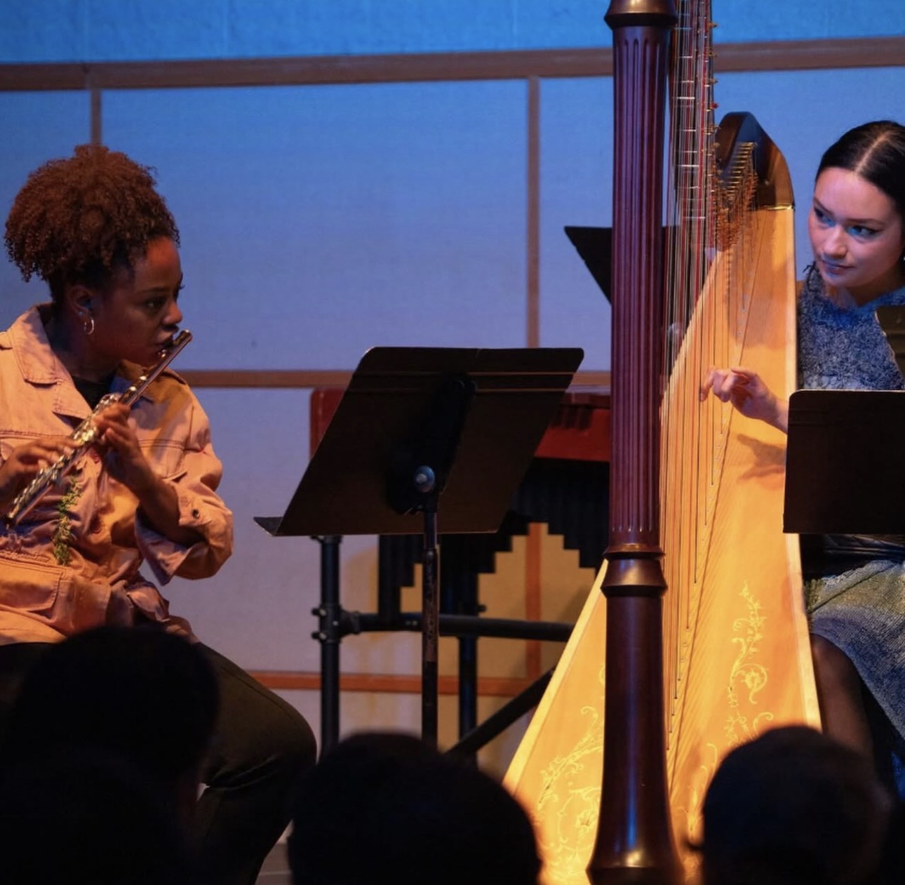 Two women playing musical instruments on stage, one with a flute and the other with a harp, with music stands nearby.