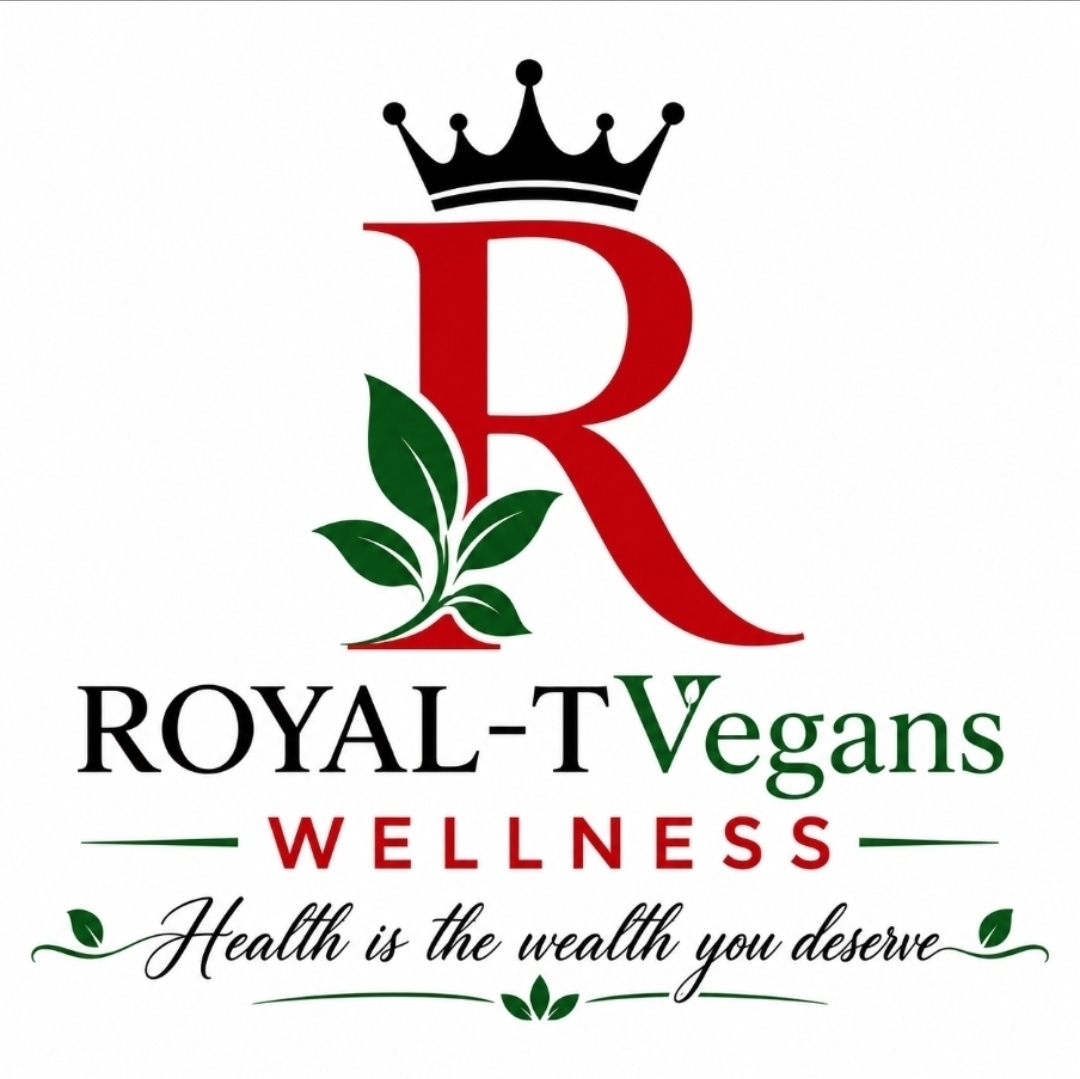 Logo with a crown, large red letter R, green leaves, and text about wellness and health.