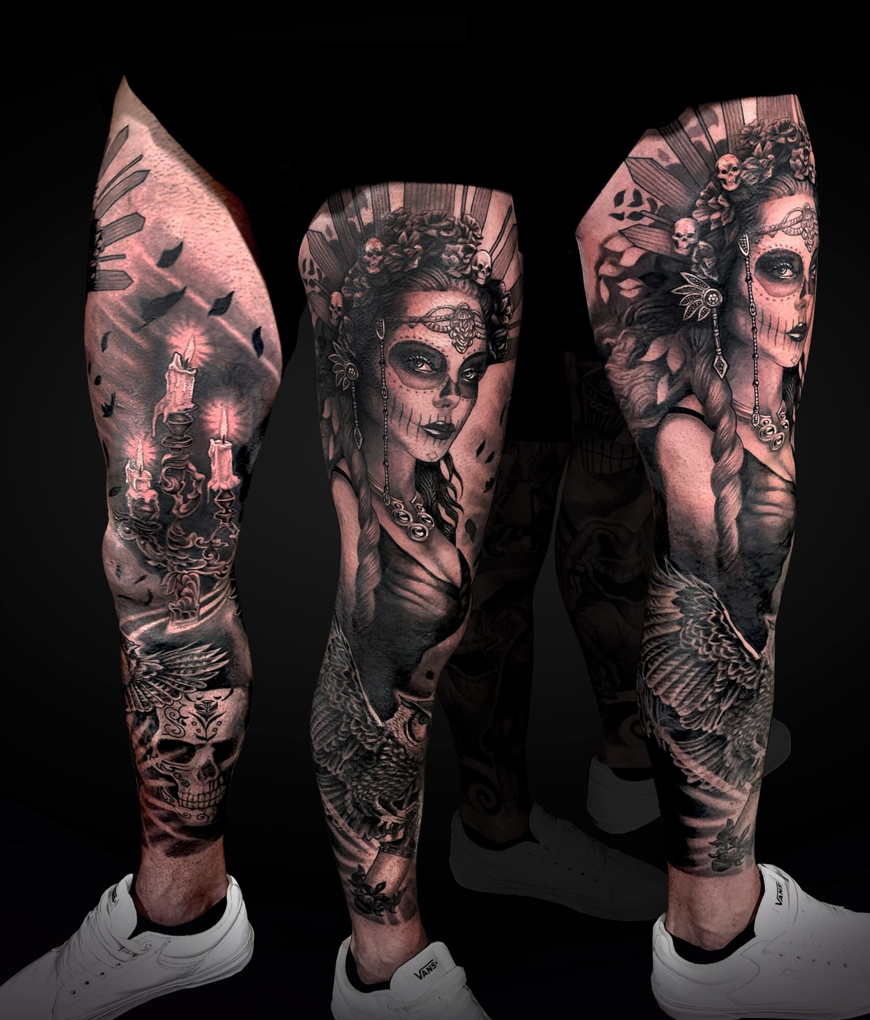 Tattooed legs featuring detailed black and gray portraits of women with floral and decorative elements, against a black background.