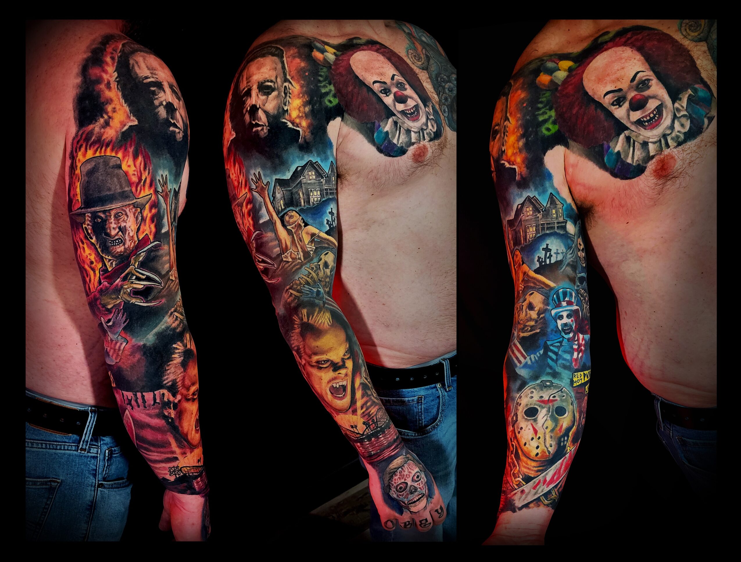 Colorful tattoo sleeve featuring faces, skulls, and abstract designs on a person's arm, shoulder, and chest.