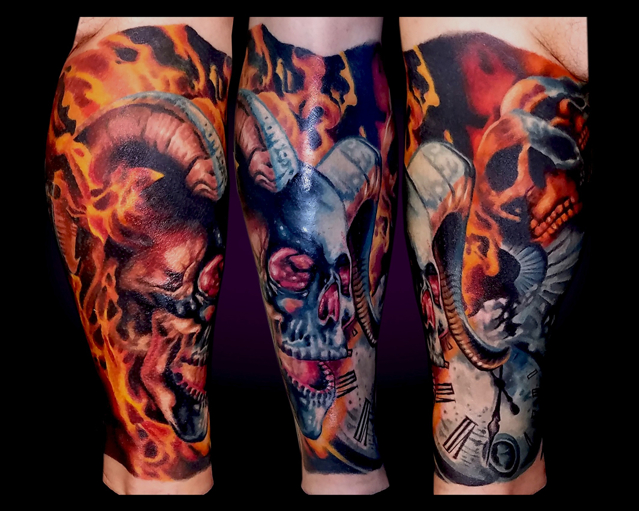 Colorful tattoo sleeves featuring skulls, flames, and clocks on arms, with detailed shading and vibrant colors.