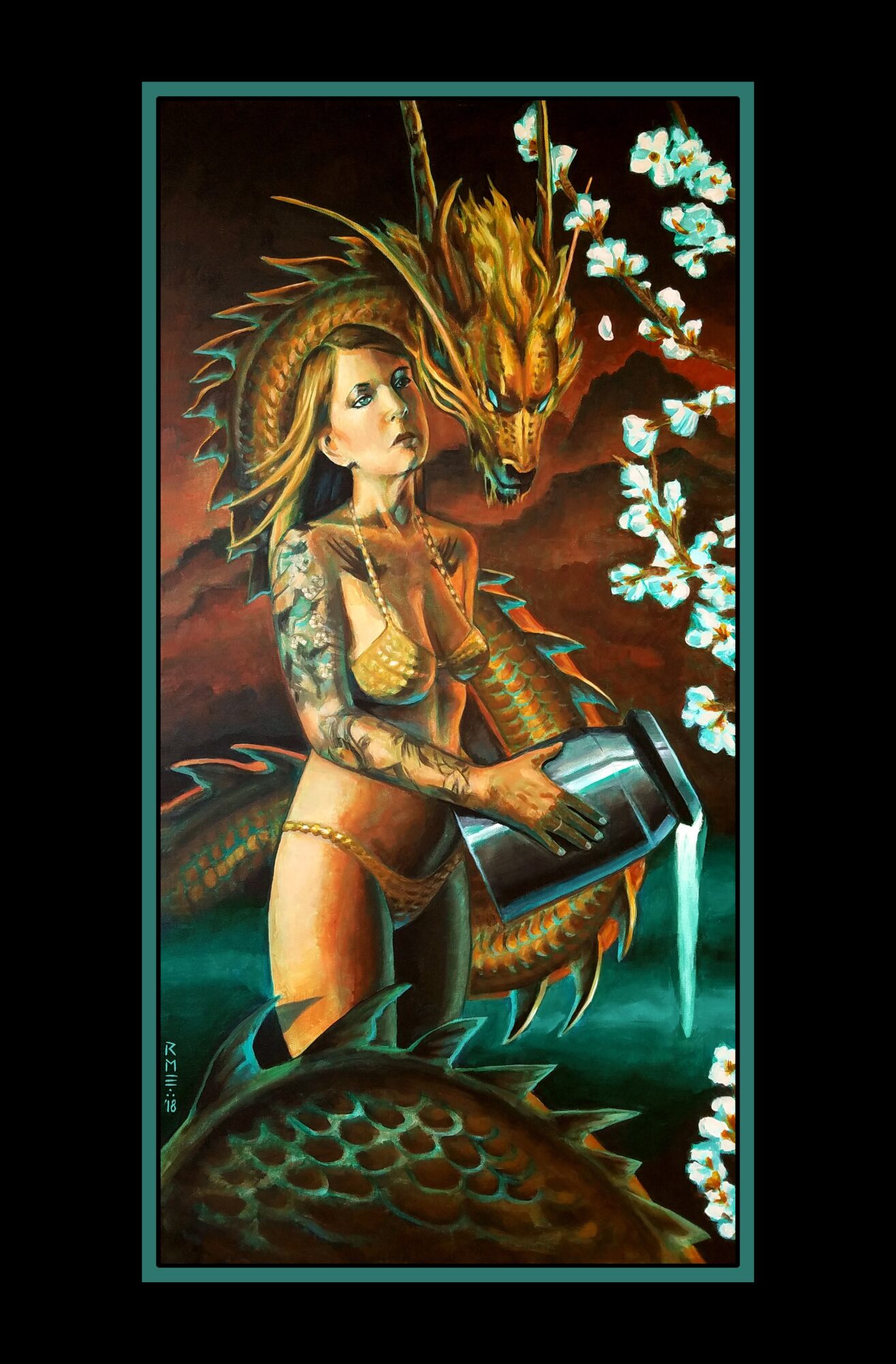 A woman with a dragon head behind her, holding a book, surrounded by white flowers and a dark background.