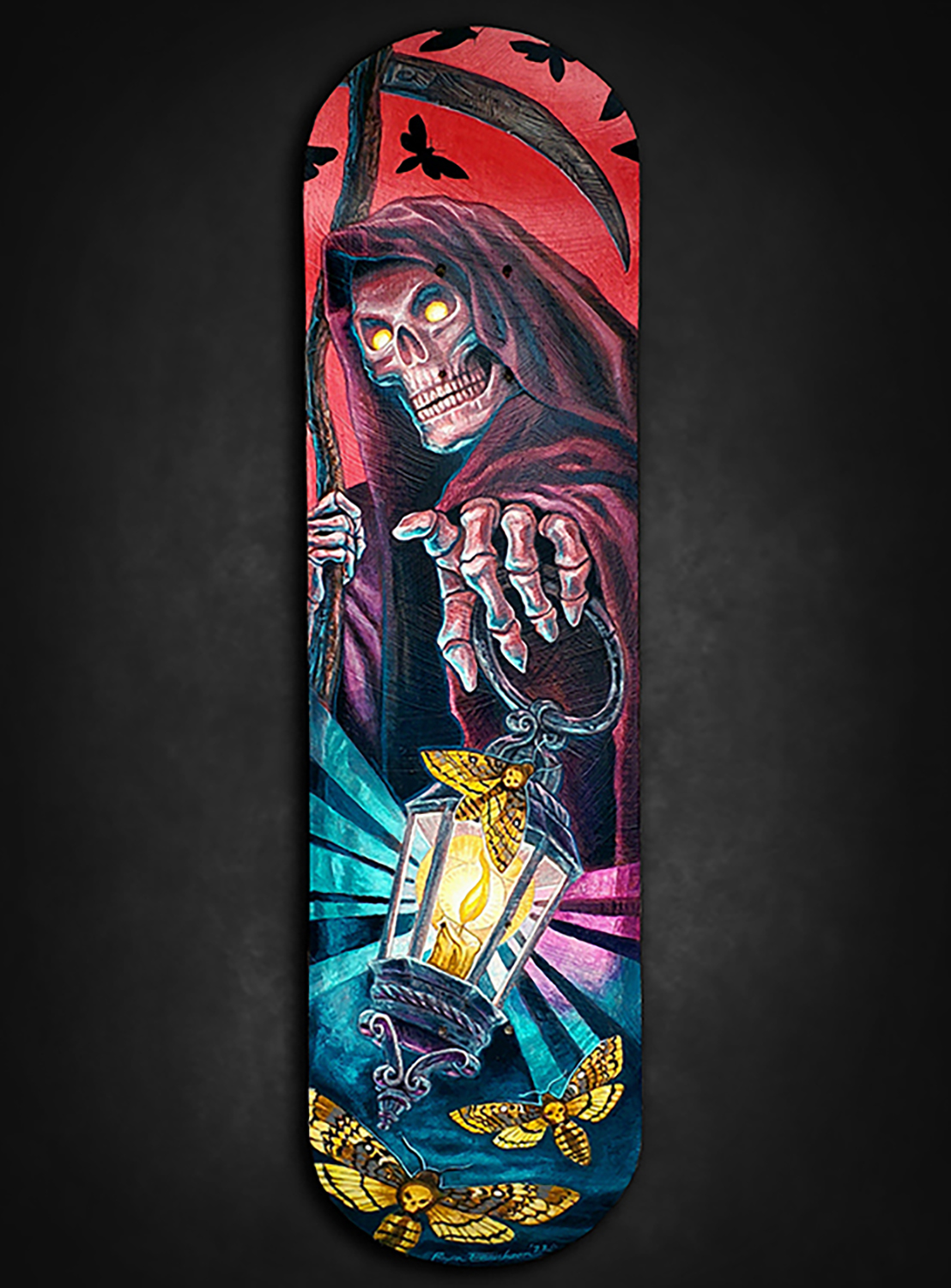 Skull with a hood holding a lantern, surrounded by butterflies and vibrant colors, on a skateboard deck.