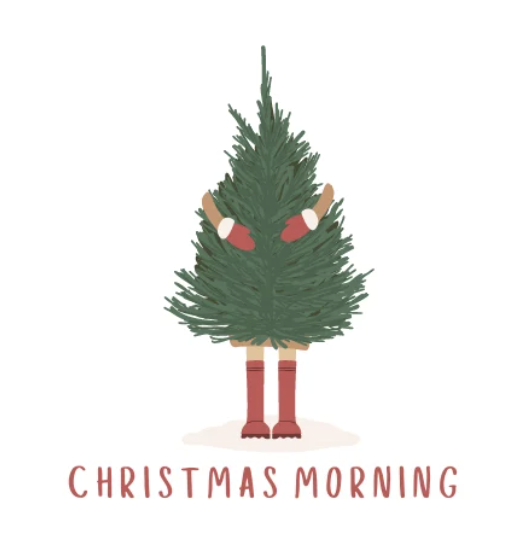 A person dressed as a Christmas tree with red socks and gloves, holding the tree, with text 'Christmas Morning'.