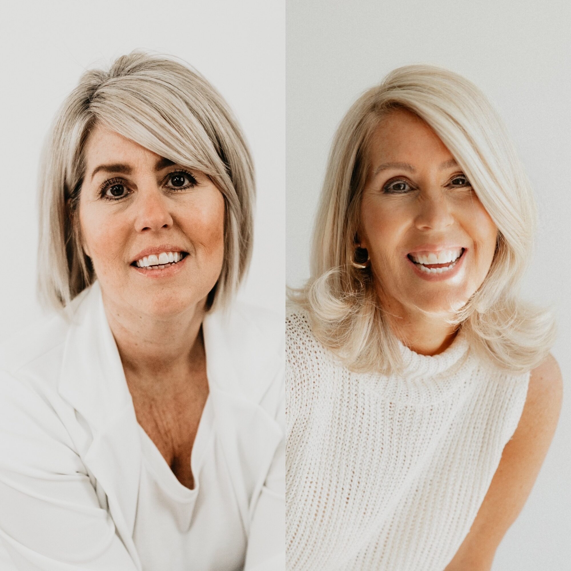 Two women with blonde hair smiling, wearing white tops, against a plain light background.