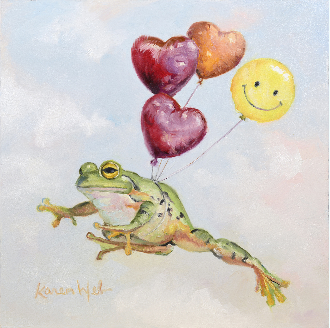 A frog holding three heart-shaped balloons and a smiling round balloon floating in a sky background.