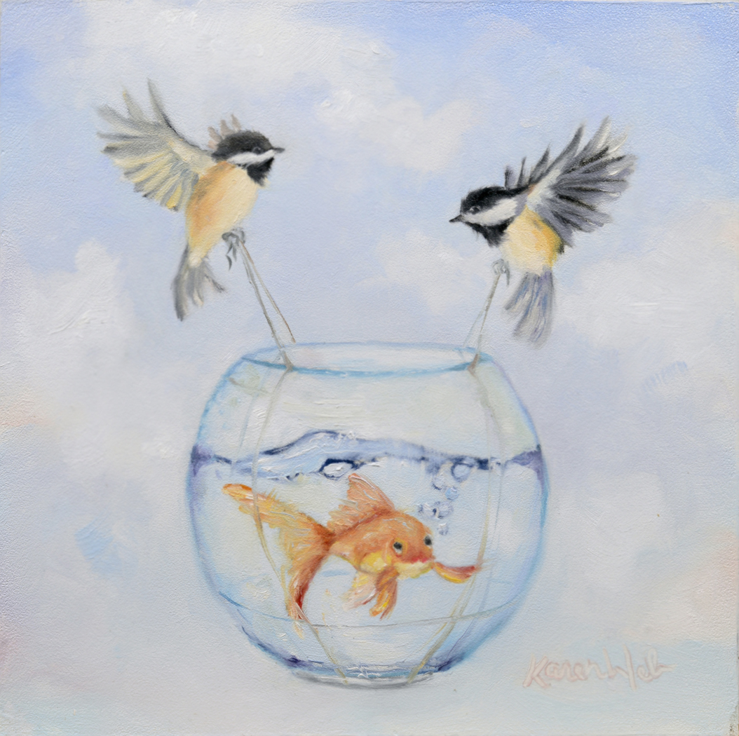 Two birds fly above a fishbowl with a goldfish inside, set against a cloudy sky background.