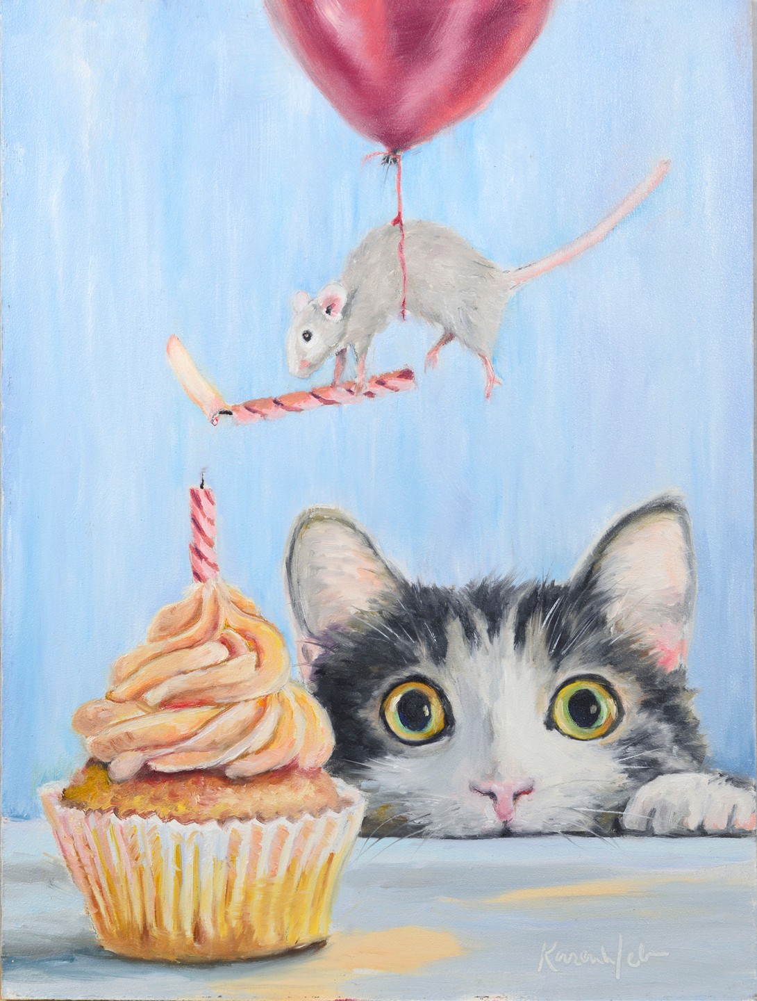 A kitten with wide eyes looks at a cupcake with pink frosting and a lit candle, a mouse holding a heart-shaped balloon floats above.