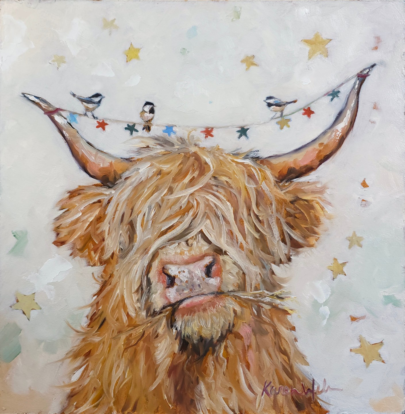 A Highland cow with a festive hat and birds, surrounded by stars, in a whimsical style.