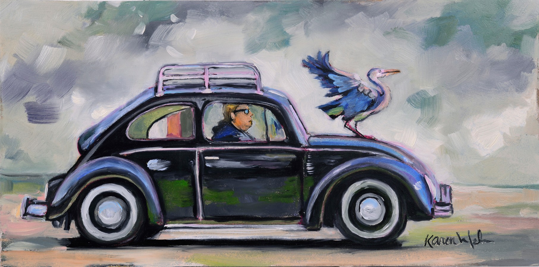 A person driving a black vintage car with a bird perched on the roof, against a cloudy sky background.