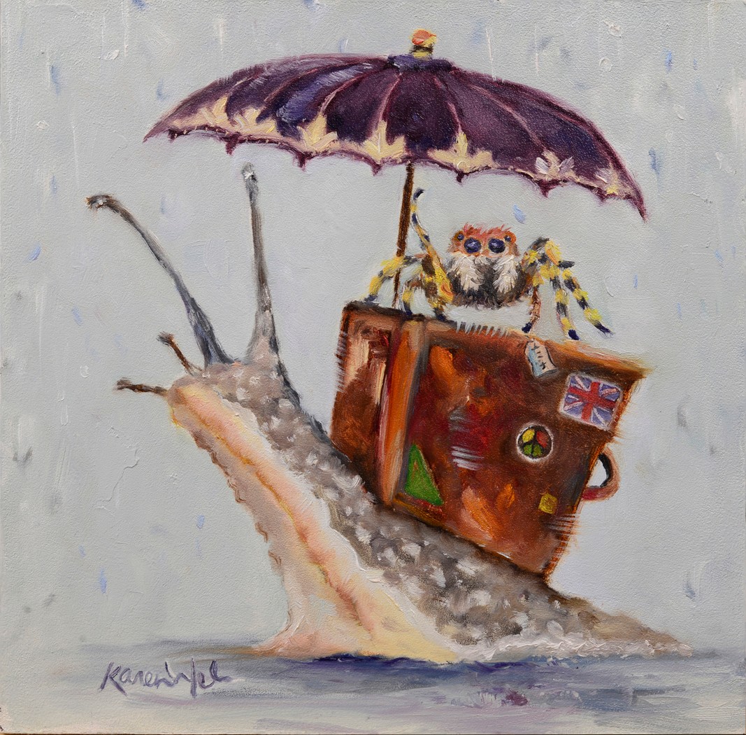 A snail carries a suitcase, an umbrella, and a small creature with big eyes on its back, against a light background.