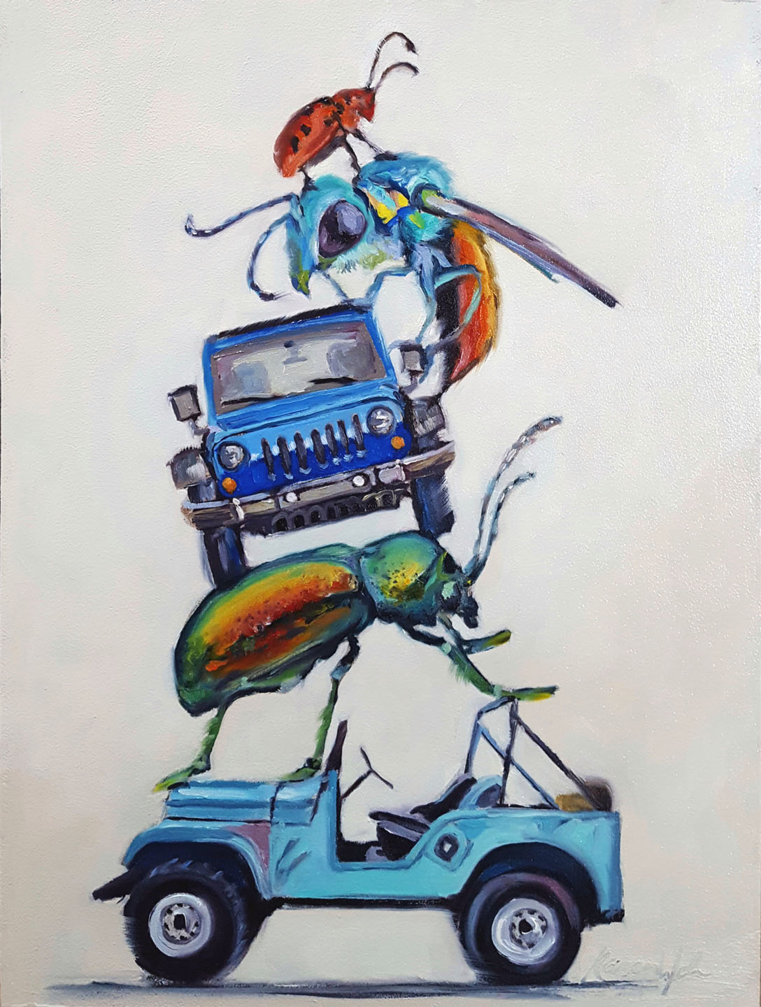 Illustration of insects and cars, with a ladybug, wasp, and beetle on and around two blue cars, against a white background.