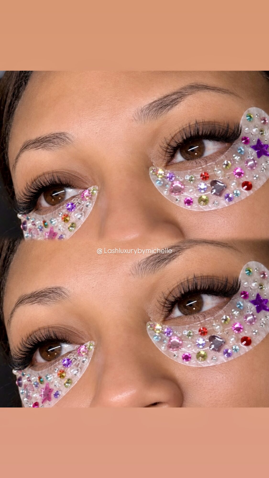 Close-up of a person's eyes with decorated under-eye patches covered in colorful glitter and small decorative elements.