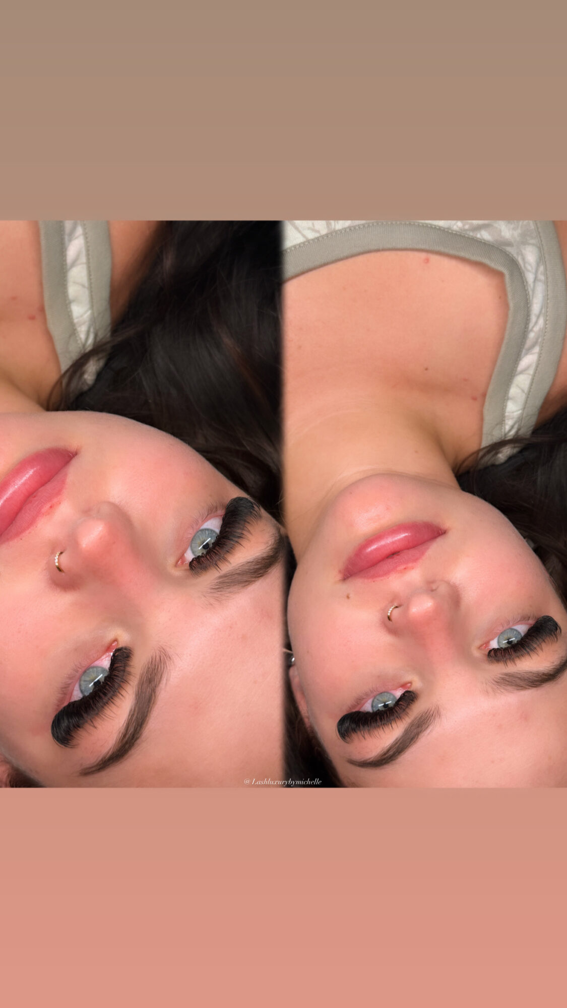 Close-up of a woman with dark hair, makeup, and a nose piercing, lying down with her head tilted sideways.