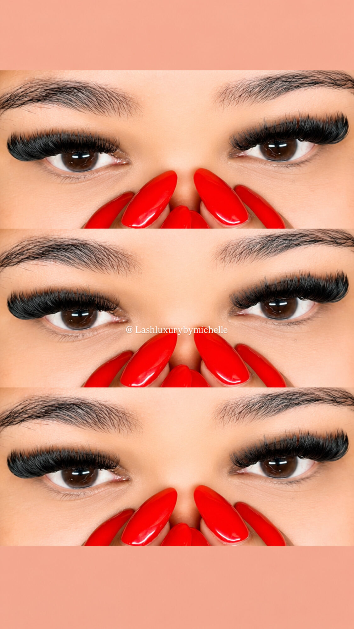 Close-up of eyes with long eyelashes and red nails covering nose, repeated three times, with a pink background.
