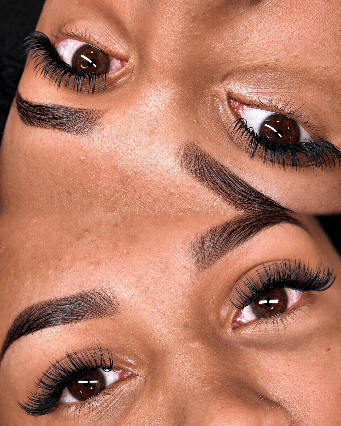 Close-up of two pairs of eyes with well-groomed eyebrows and long eyelashes, one pair above the other.