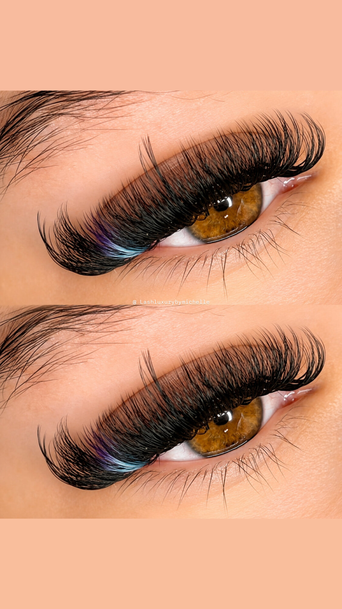 Close-up of a person's eye with long, thick eyelashes and brown iris, with a soft peach background.