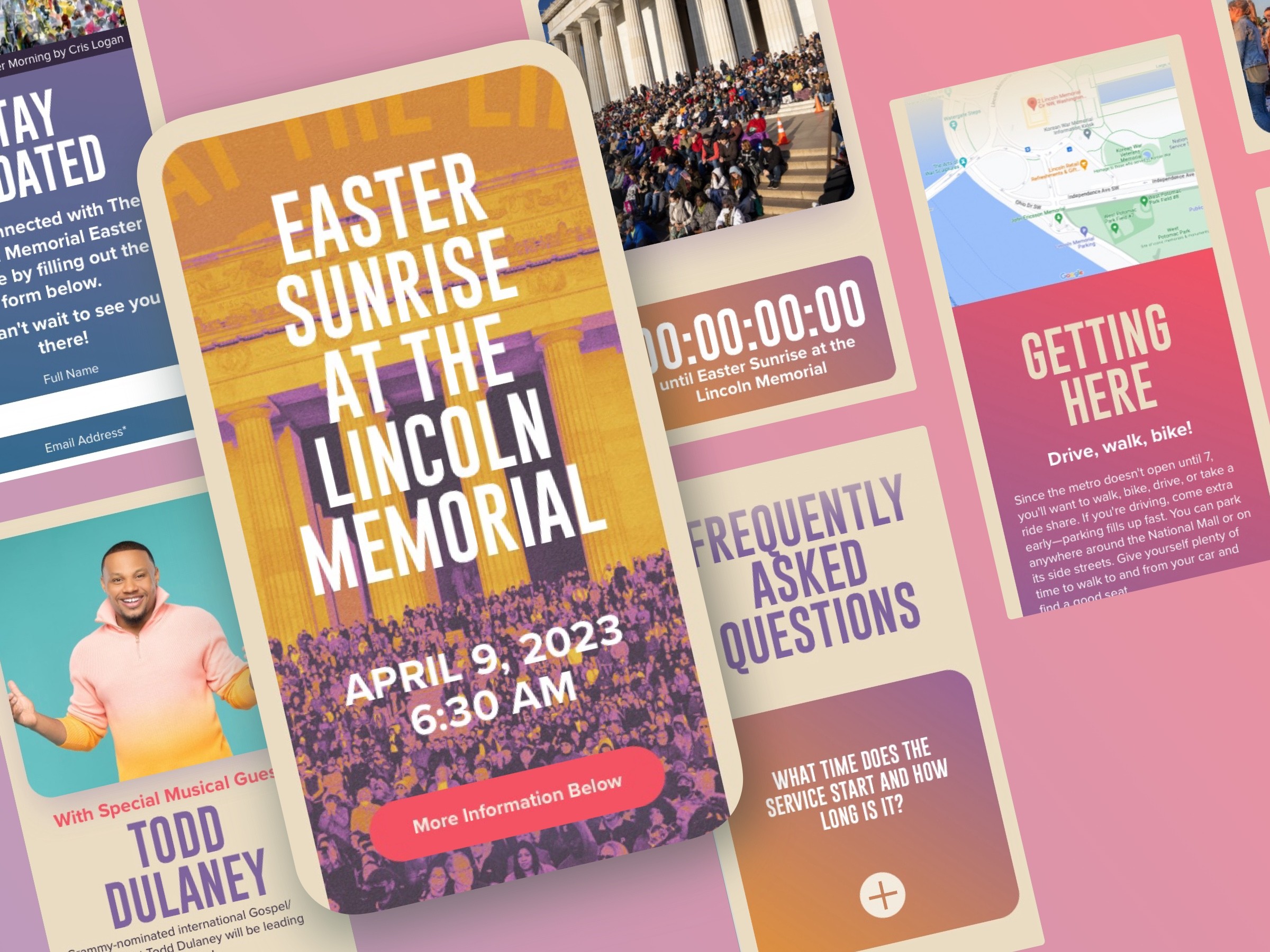 Event poster for Easter Sunrise at Lincoln Memorial on April 9, 2023, at 6:30 AM, with a pink background and event details.