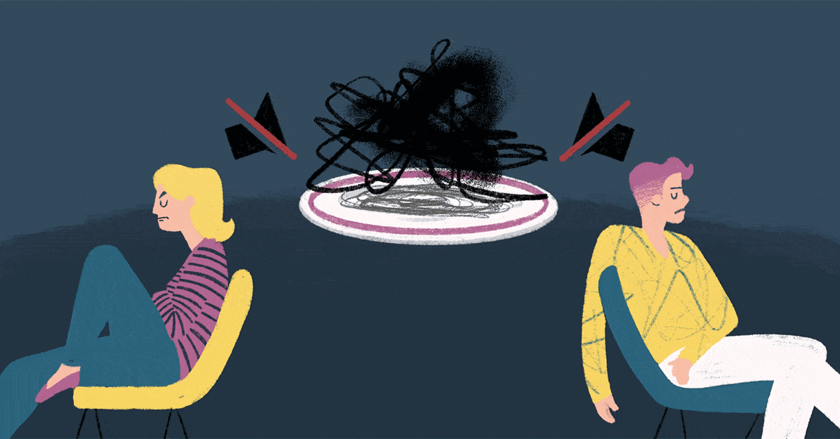 Two people sit on chairs facing away from each other with a tangled mess in the center. Alt text word count: 20