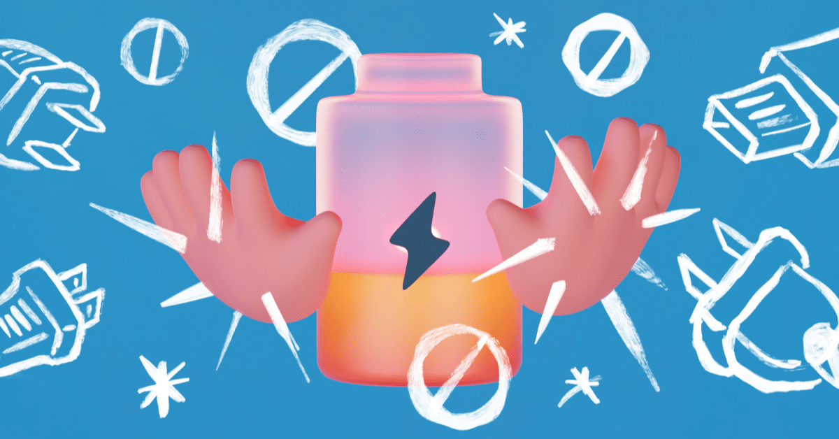 Two hands with lightning bolts, a container, and various symbols on a blue background.