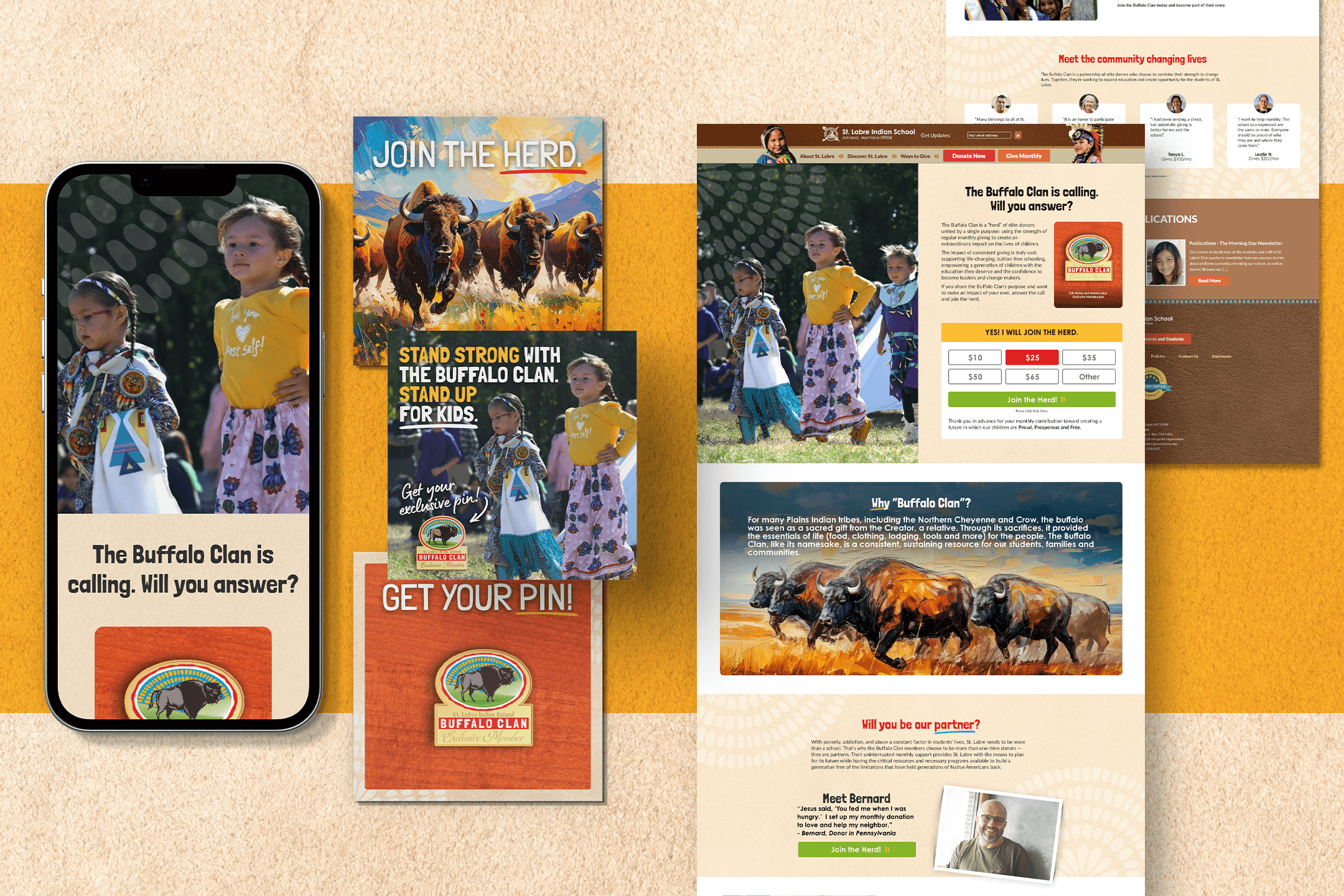 Multiple images of Buffalo-themed promotional materials, including a phone screen, posters, and flyers, featuring children and buffalo images.