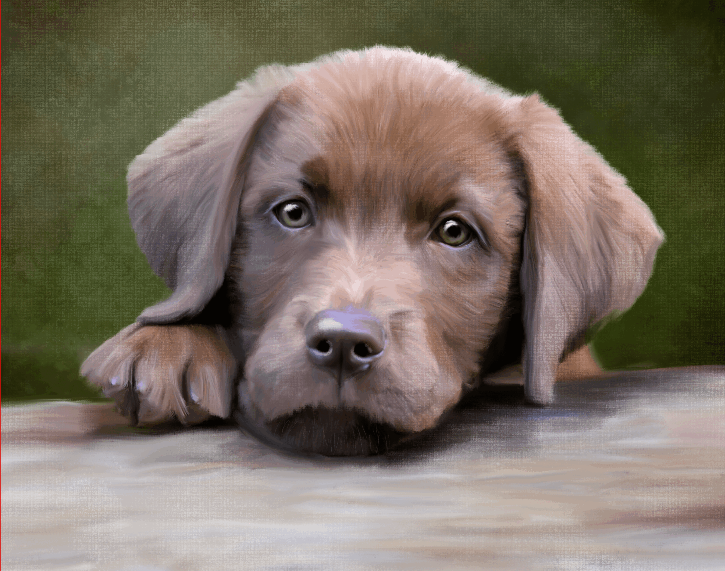 Close-up of a puppy with light brown fur and blue eyes resting its head on a surface.