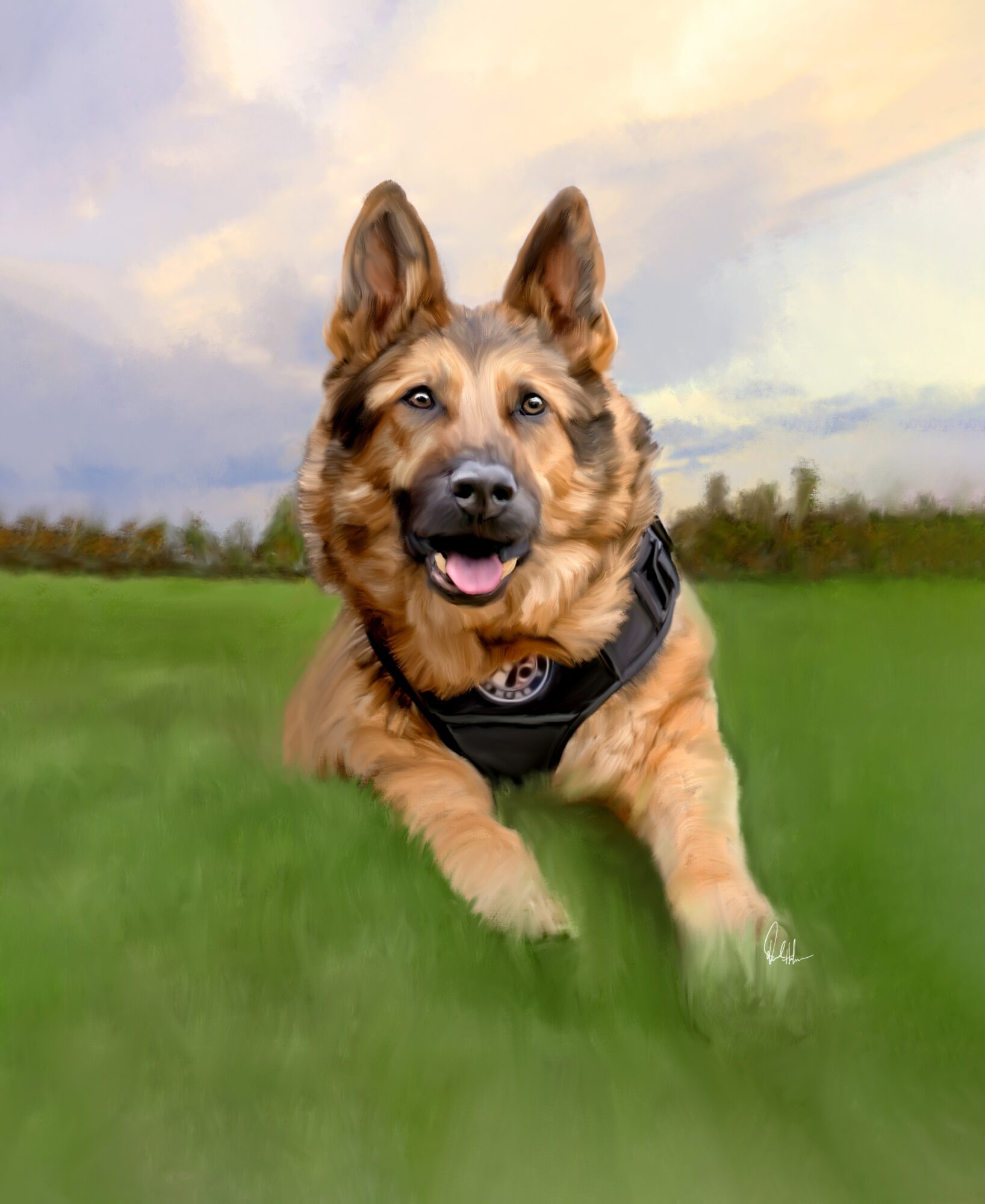 Dog with a harness lying on grass, sky with clouds in background, smiling with tongue out.