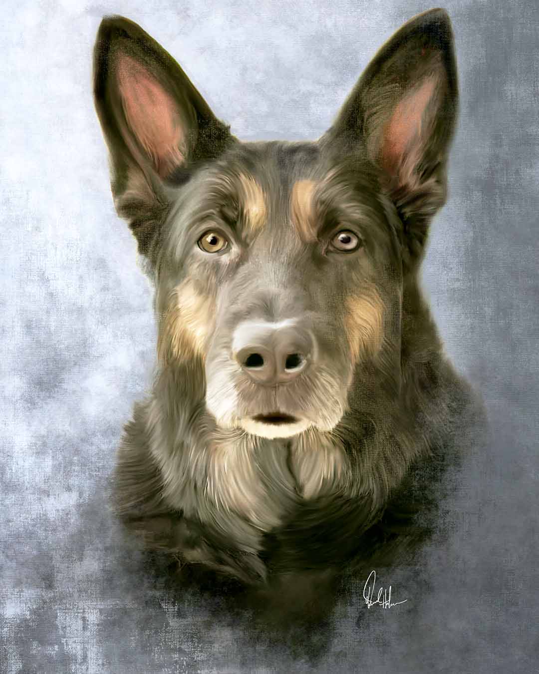 Portrait of a dog with large ears, brown and black fur, and light-colored eyes, against a textured gray background.