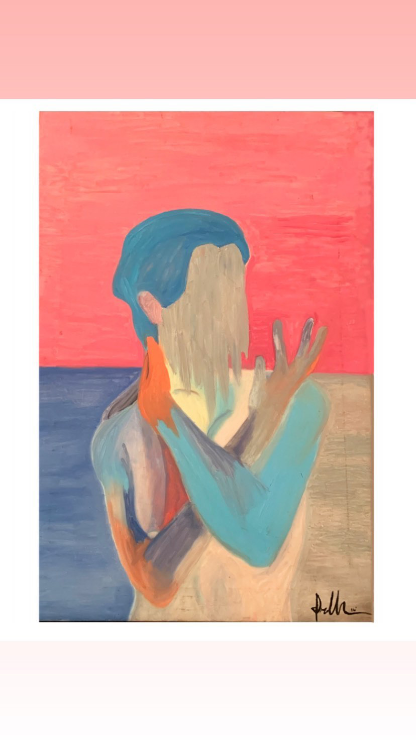 Abstract painting of a person with face obscured, holding a hand up, with a pink and blue background.