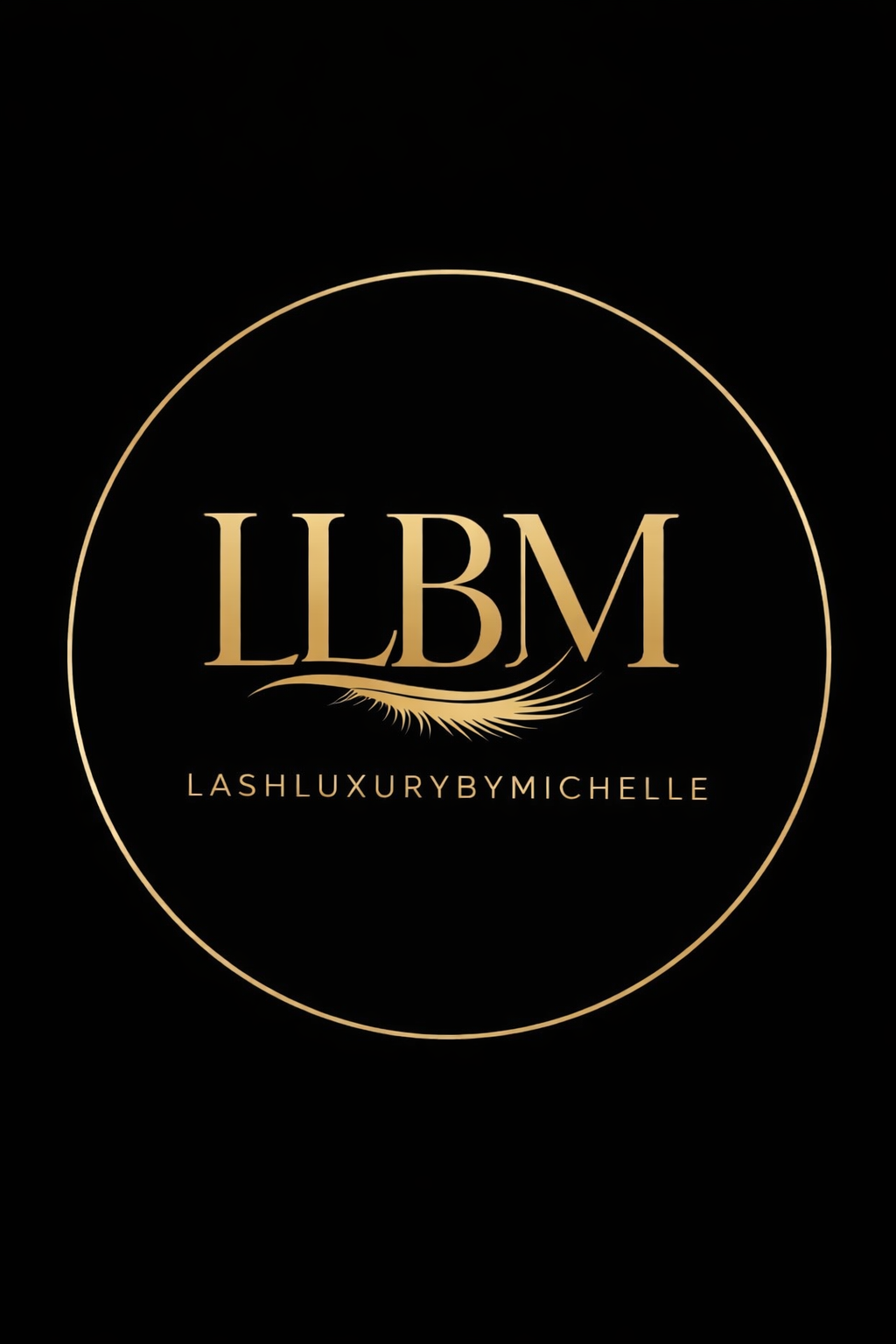 Black background with a gold circular logo featuring the letters 'LLBM' and the text 'LASHLUXURY BY MICHELLE' below.