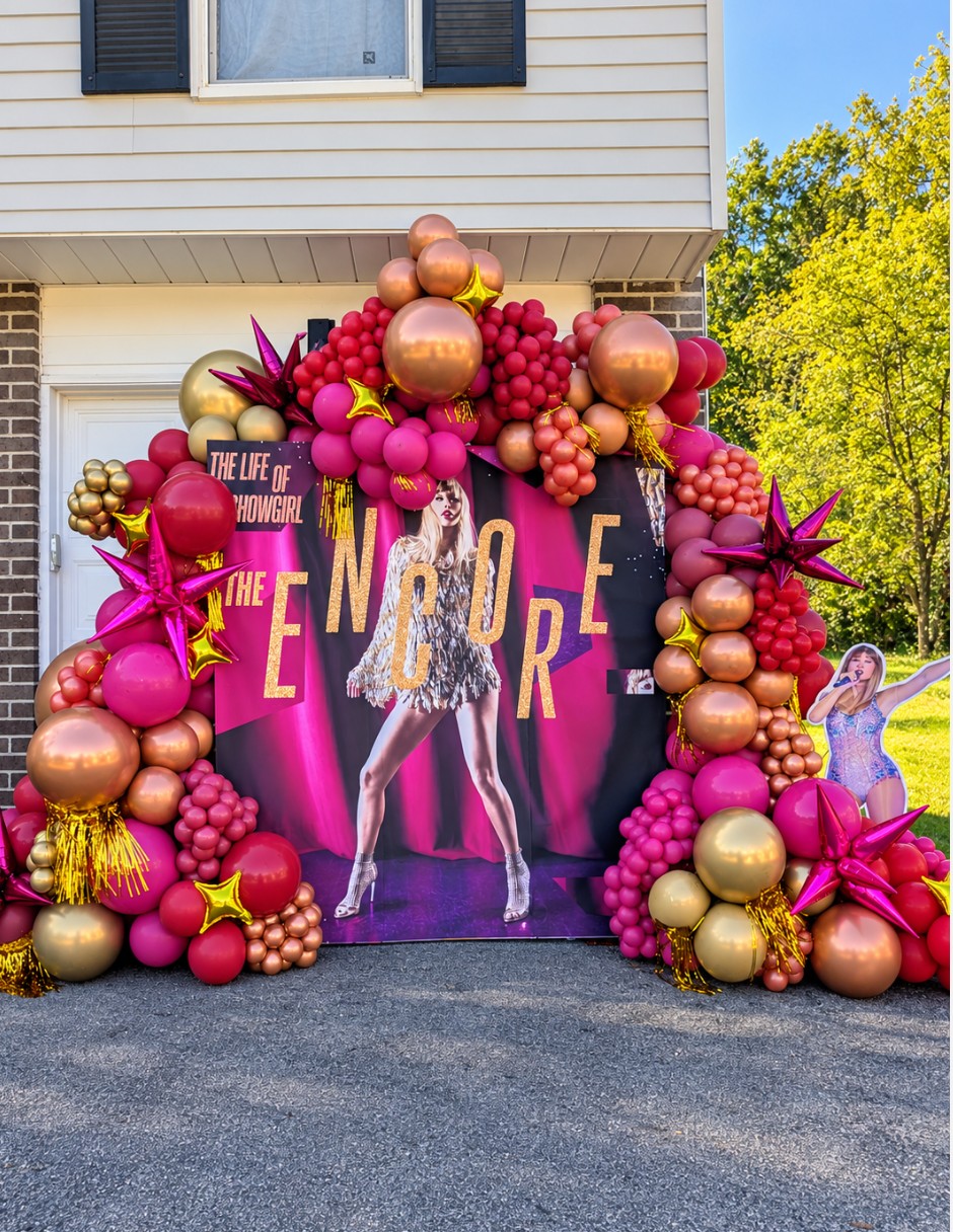 Decorative balloon arch with pink, gold, and purple balloons surrounds a woman in a silver dress on a purple backdrop with the word 'ENCORE'.