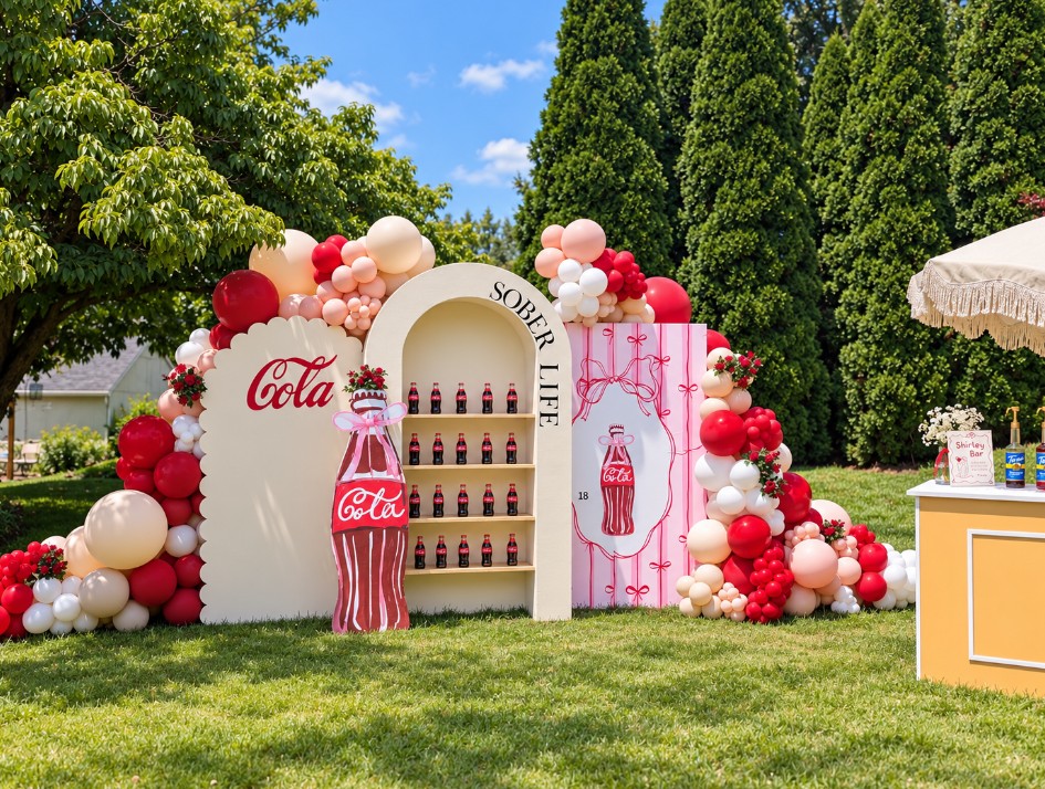 Decorative Coca-Cola display with balloons, shelves of bottles, and a pink and white theme outdoors on grass with trees and blue sky