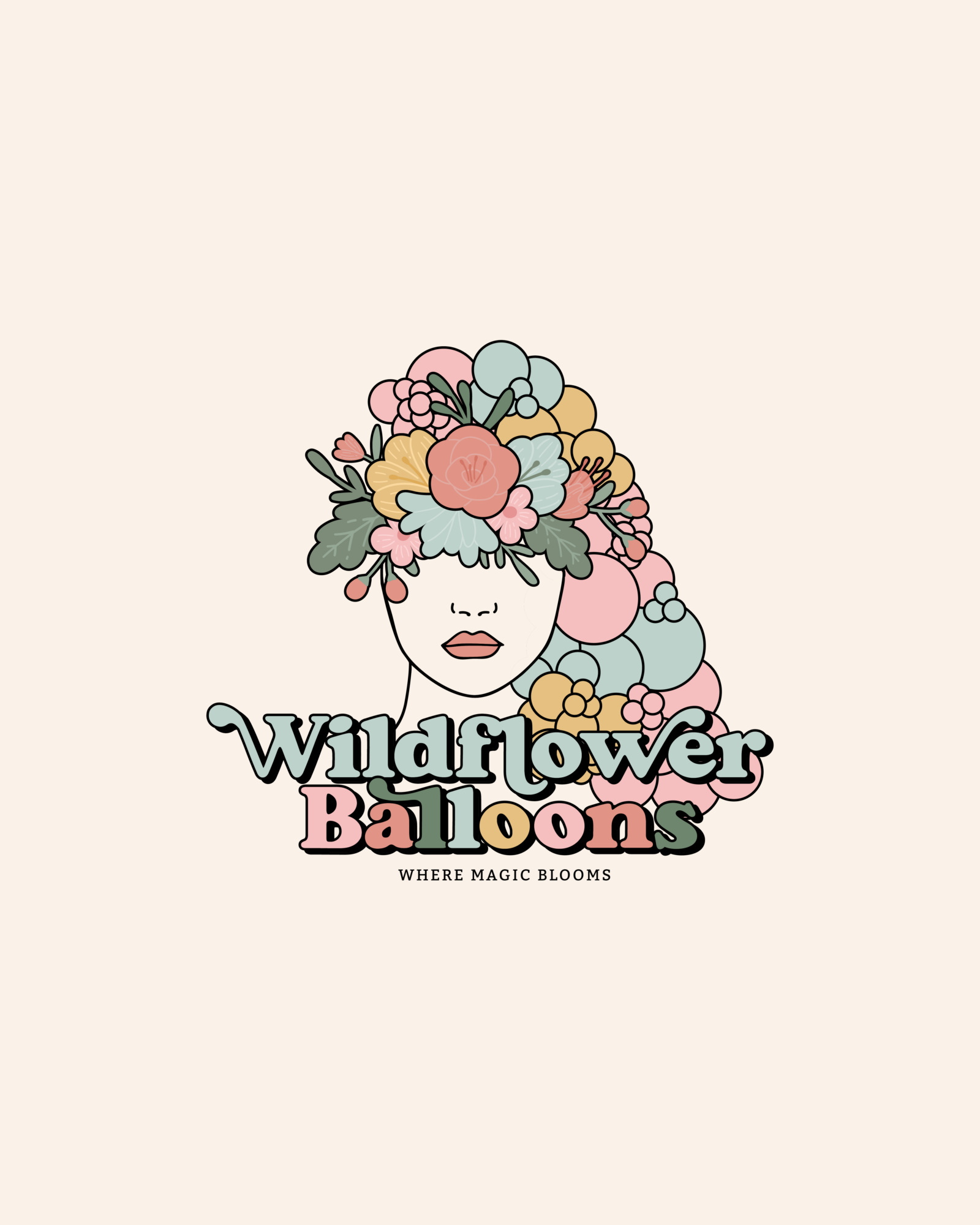 A stylized illustration of a woman's face with flowers and balloons as hair, with text 'Wildflower Balloons' and tagline.