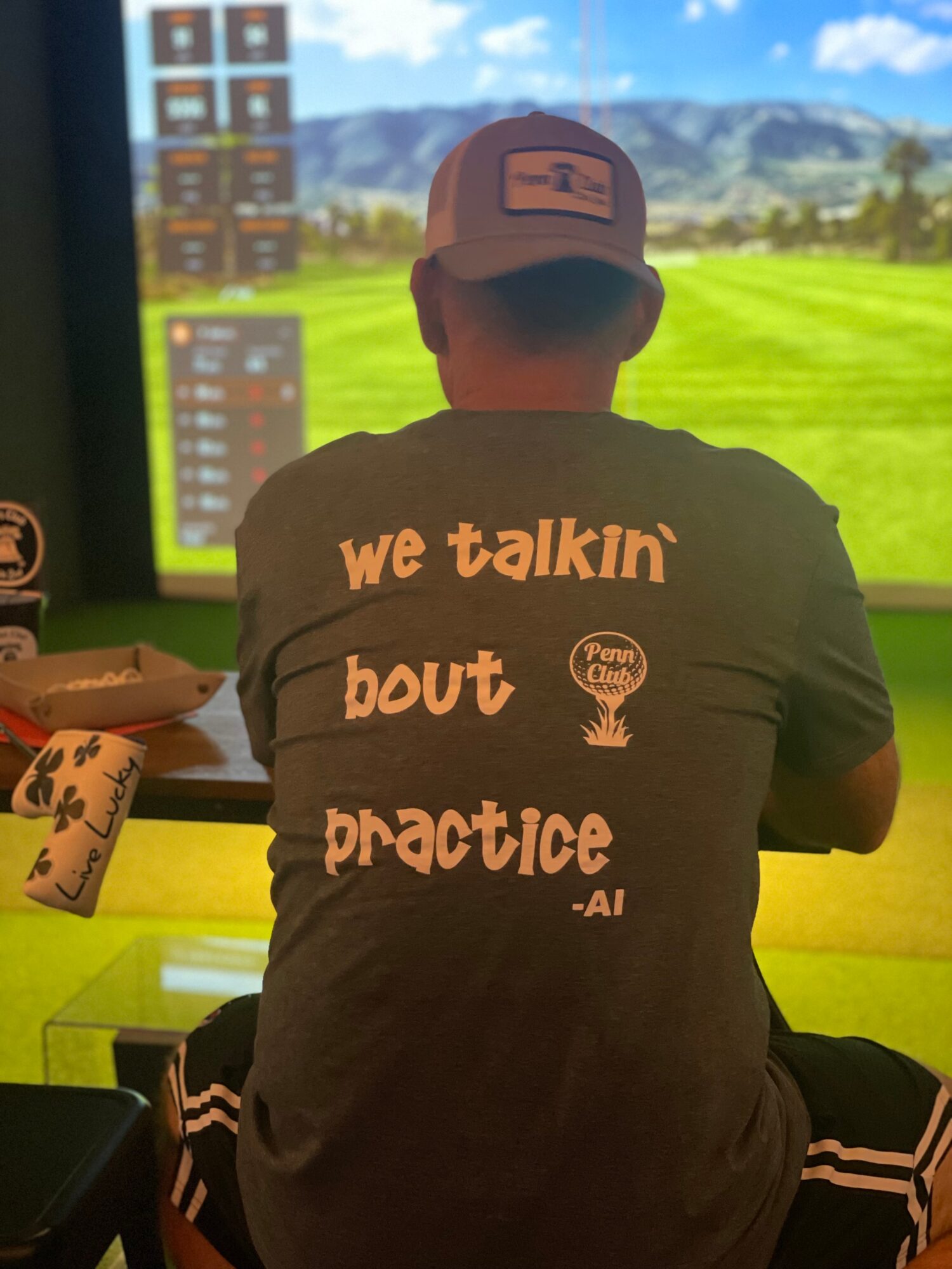 Person wearing a cap and T-shirt with text, sitting in front of a golf simulation screen, with a green landscape background.