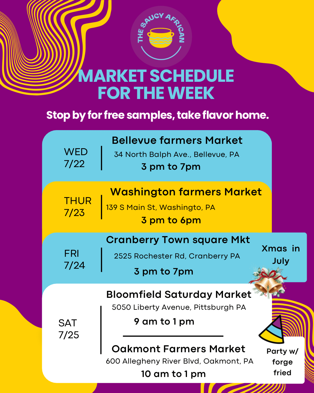 Market schedule with event details for Bellevue, Washington, Cranberry Town, Bloomfield, and Oakmont farmers markets, including dates and times.