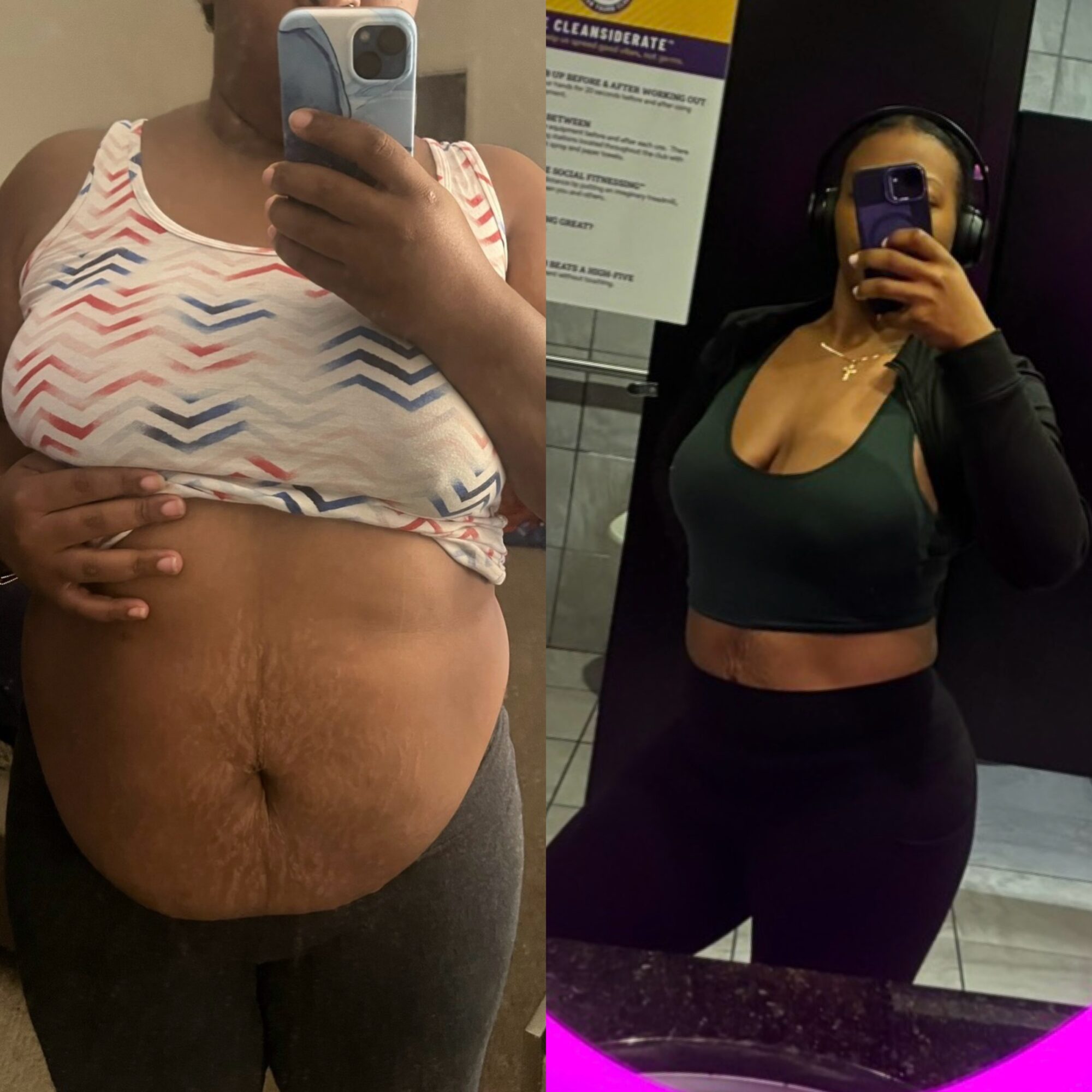 Side-by-side comparison of a person before and after weight loss, taking mirror selfies in different outfits.