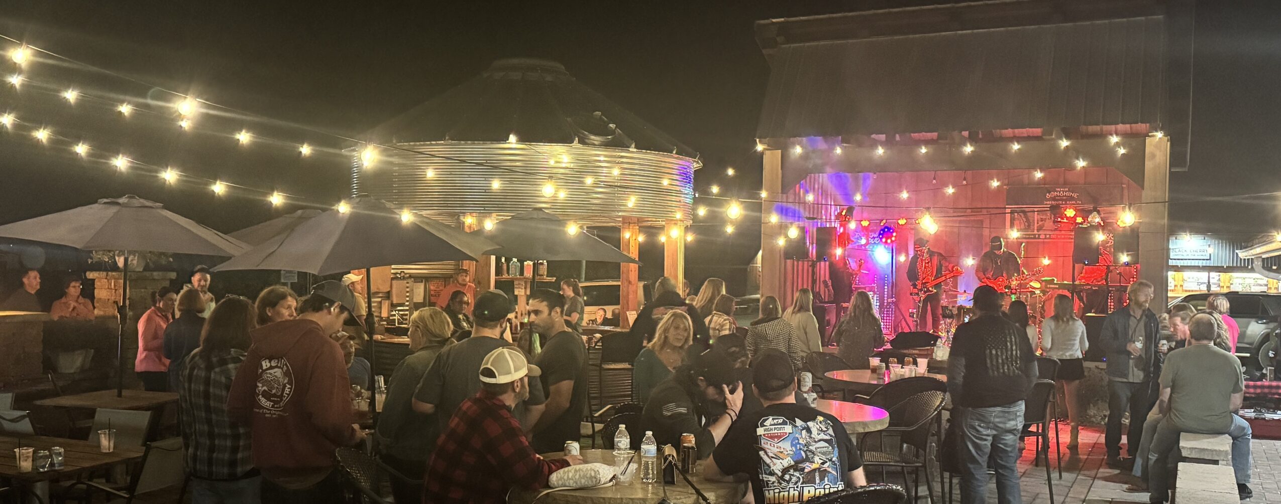 Outdoor event with string lights, people seated and standing, stage with performers, night setting.