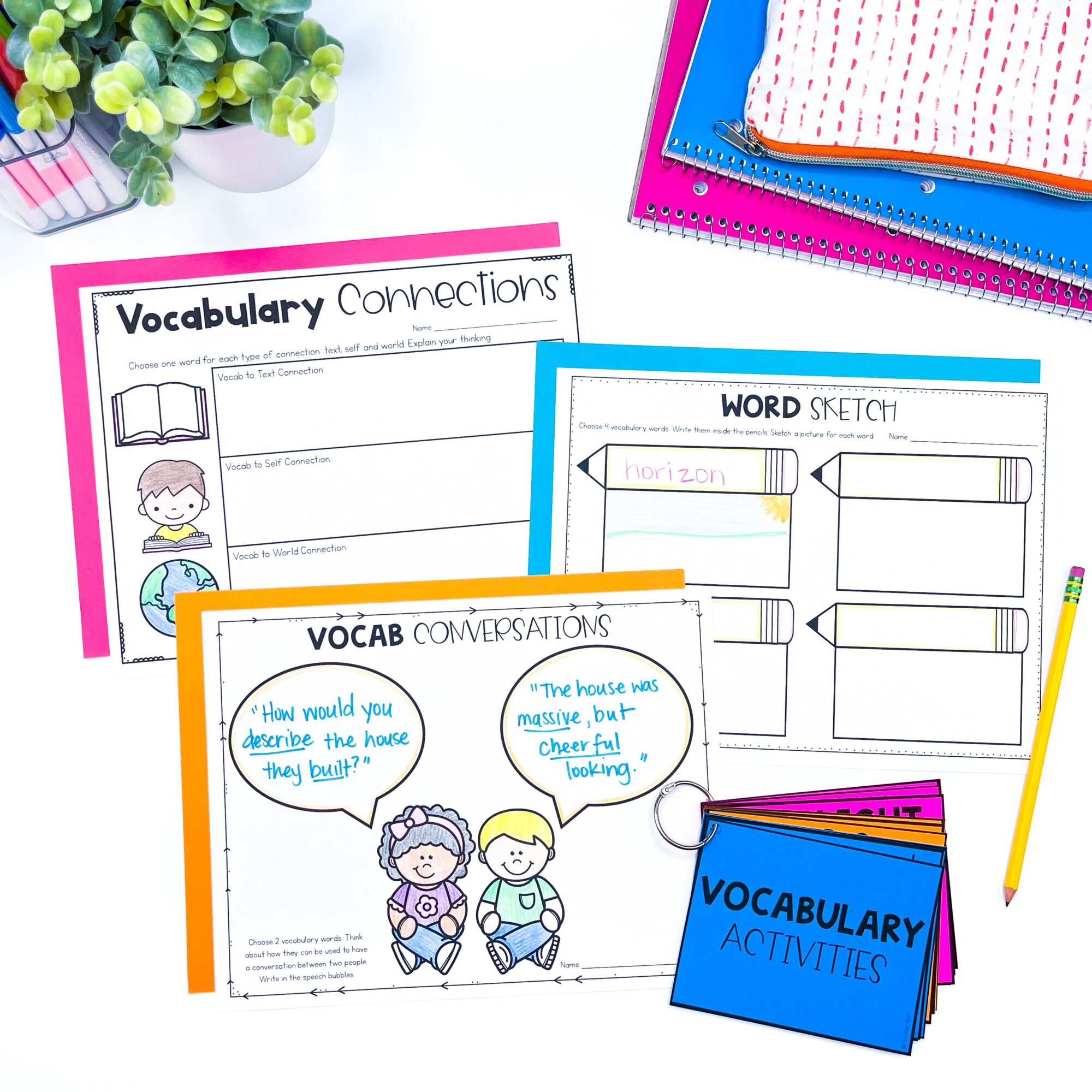 Educational vocabulary activity sheets with colorful borders, illustrations of children, and stationery items on a white surface.