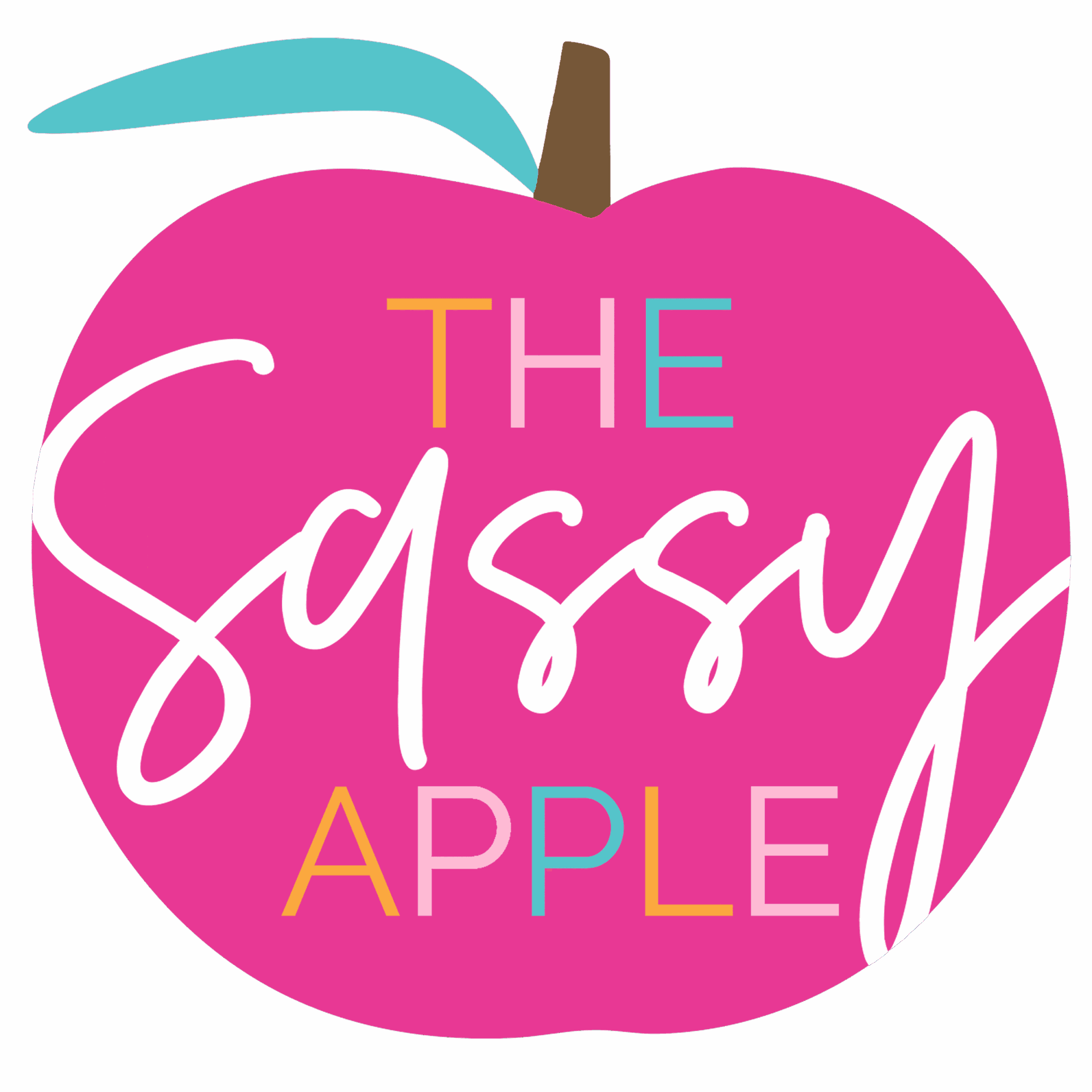 Pink apple with colorful text reading 'The Sassy Apple' on a black background.
