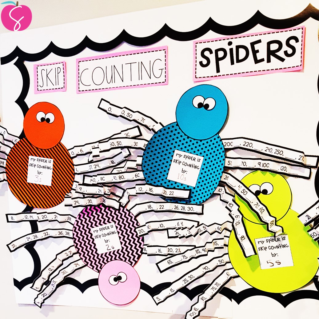 Colorful spider-themed counting activity with paper spiders and numbered legs, titled 'Skip Counting Spiders'.